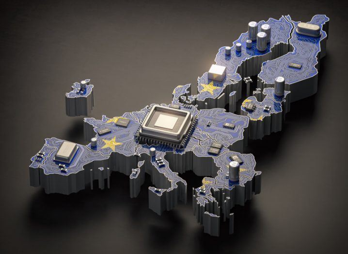 Illustration of a map of the European continent with computer chip components visible on it. Used to represent the AI Factories proposal.