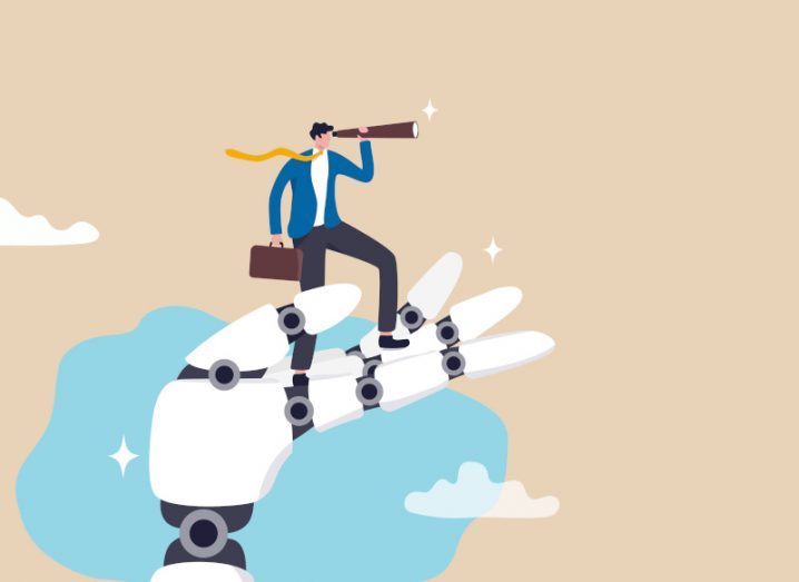 Illustration of a person standing on top of a robotic hand, holding a briefcase and a telescope. Used to illustrate the concept of AI and automation in business.