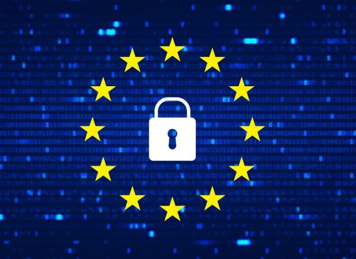 A white lock in front of a background of blue binary code. The lock is surrounded by yellow stars to look like the EU flag.