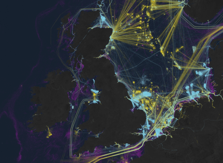 A map showing the North Sea, with Ireland, the UK and parts of Europe visible in the image. Different coloured dots and lines are in the image to show forms of human activity on the sea.