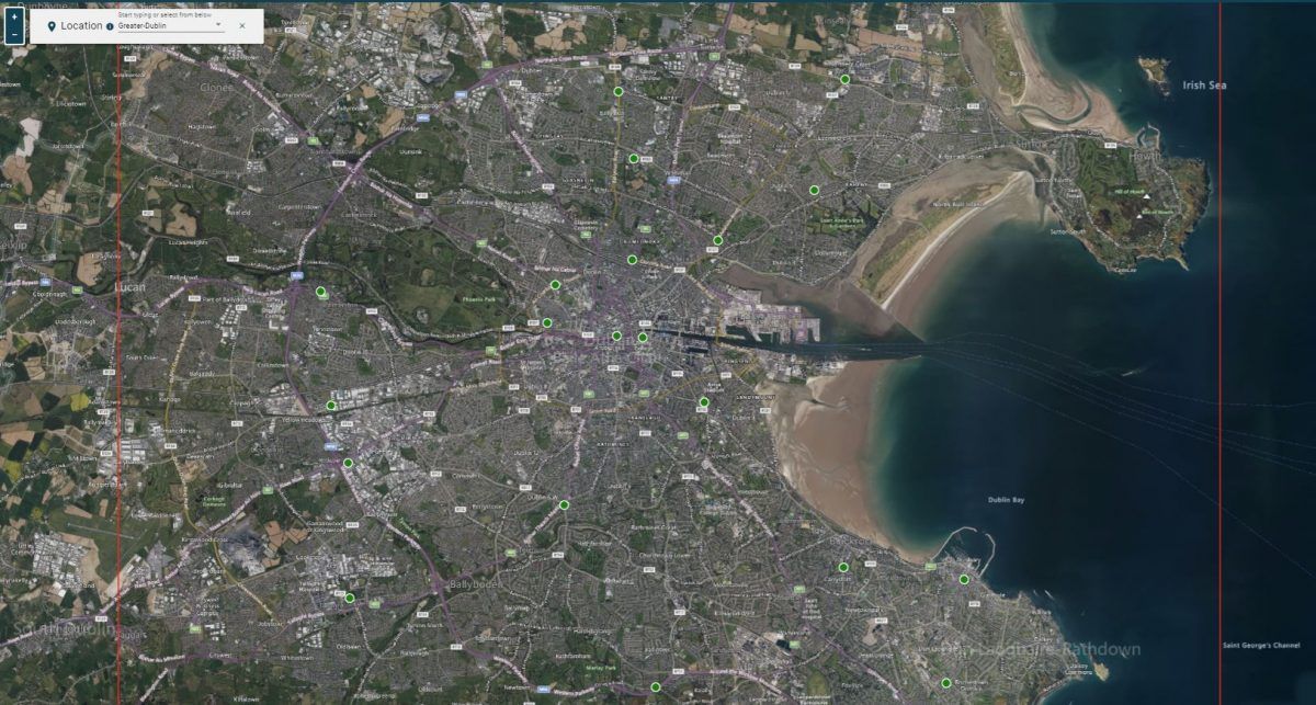 A map of Dublin with green dots in various locations, showing where small sensors have been placed.