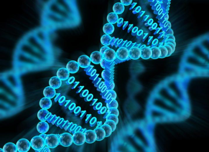 A neon blue double helix DNA structure illustration made up of binary code.