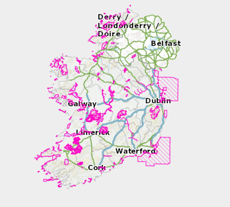 A map of Ireland with various locations highlighted in pink to show special protection areas.