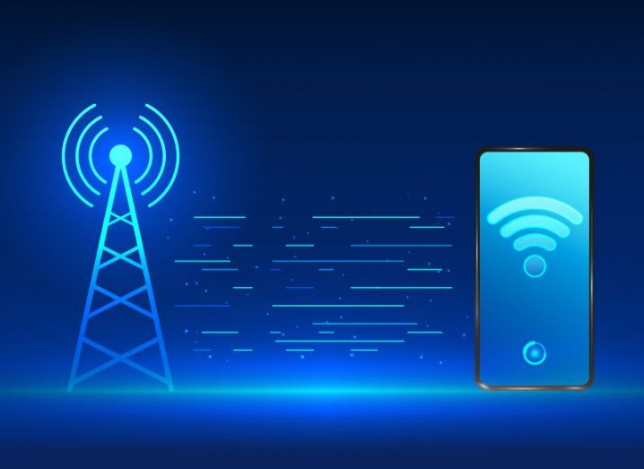 An image of a cell tower and a phone showing a WiFi symbol against a blue background.