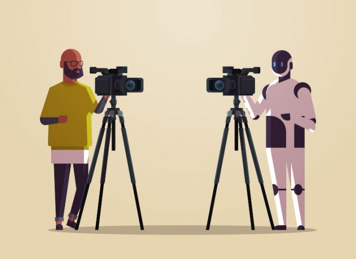 Illustration of a person and a robot on either side, looking at each other with video cameras on tripods.