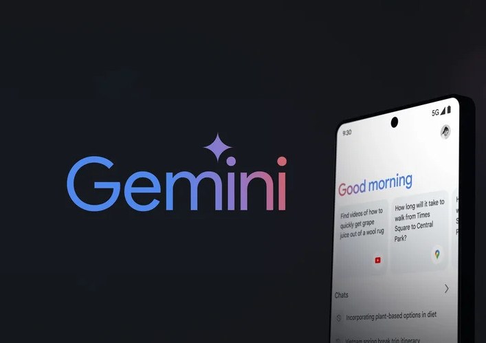 Gemini logo on a dark background with a smartphone next to it.