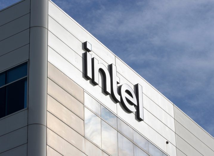 Intel logo on a building with the blue sky in the background.