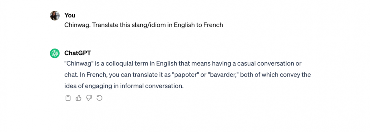 A screenshot of ChatGPT content generated after a prompt to translate English language text to French.