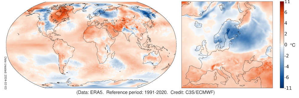 A map of surface air temperature anomalies for January 2024.