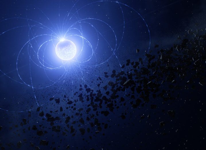 Artist's impression of the white dwarf in the darkness of space showing its magnetic field.