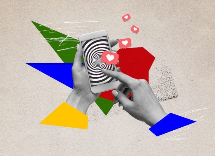 A contemporary art collage showing human hands holding a mobile phone with an hypnotic screen and many social media hearts floating around it.