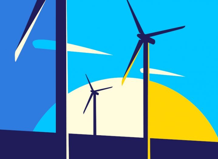 An illustration of a wind farm in sharp blue colours with a sunset behind them.
