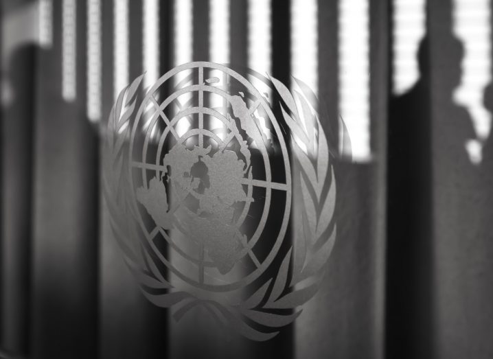 Photo of the UN logo in black and white.