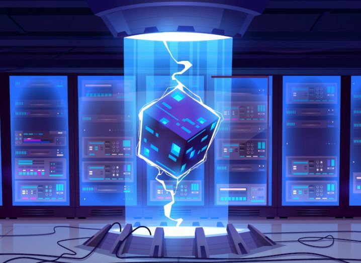 Illustration of a cube in a stasis field in the middle of a data centre. Used to show the concept of Meta training an AI model.