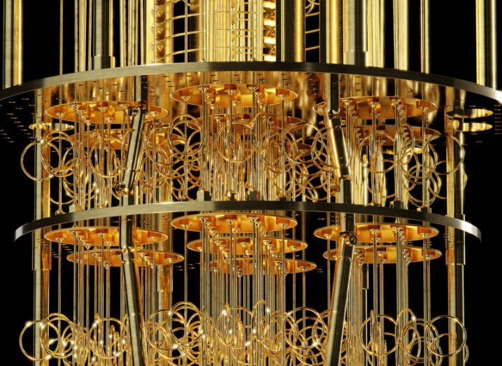 A close-up image of a quantum computer, showing various components on the machine.