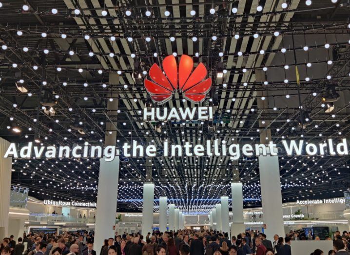 The Huawei logo at a MWC booth in Barcelona, where the company revealed its advanced 5G or 5.5G offerings.