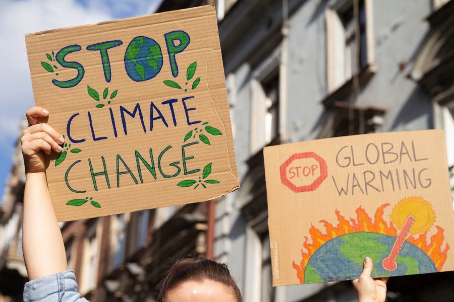A close-up of two protest signs - one saying 'Stop Climate Change' and the other saying 'Stop Global Warming' with a drawing of the Earth on fire.