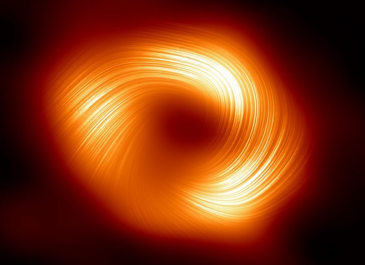 Image of the silhouette of a black hole with yellow lights representing magnetic fields spiraling out of it.