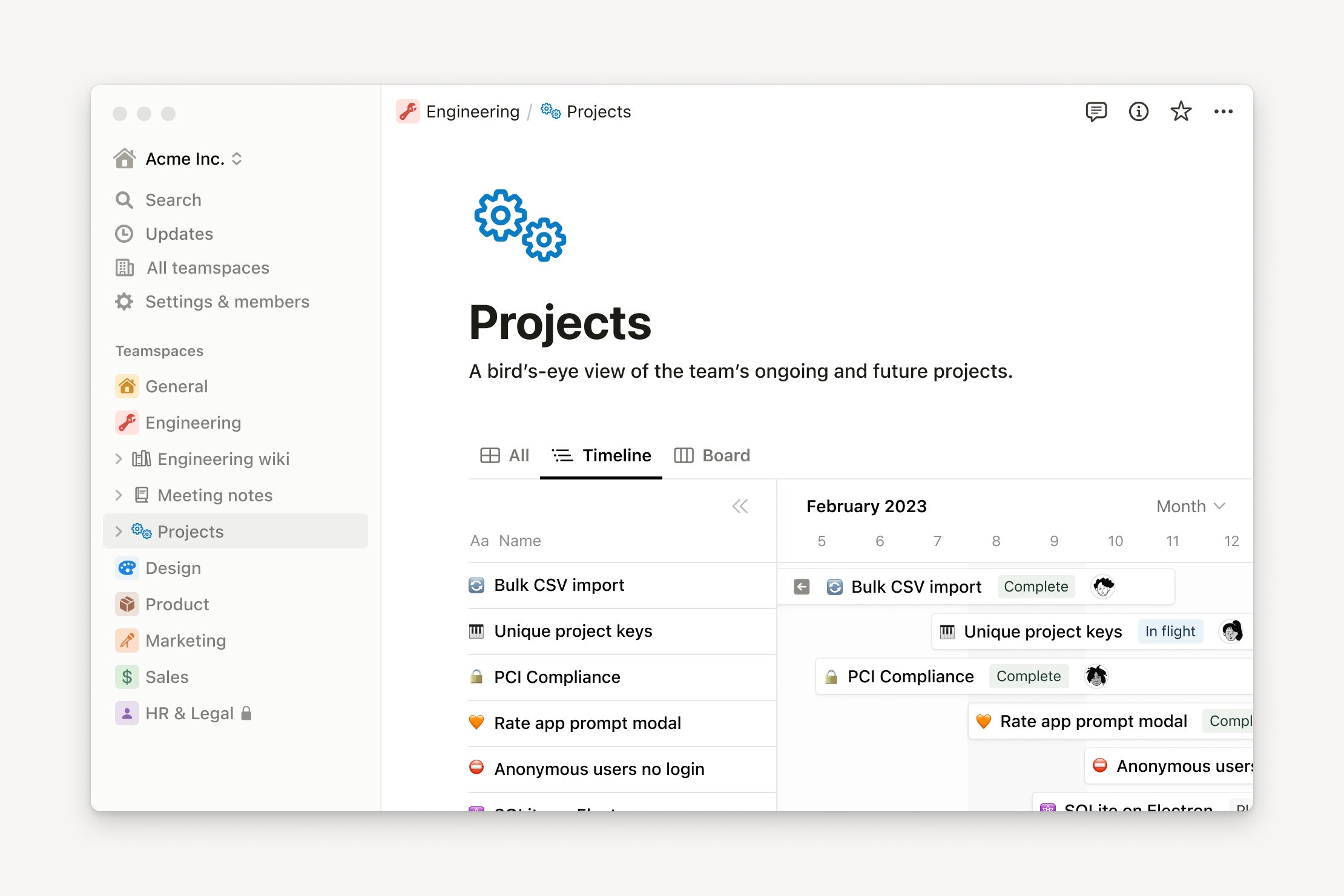 Screenshot of Notion's projects tracking interface.