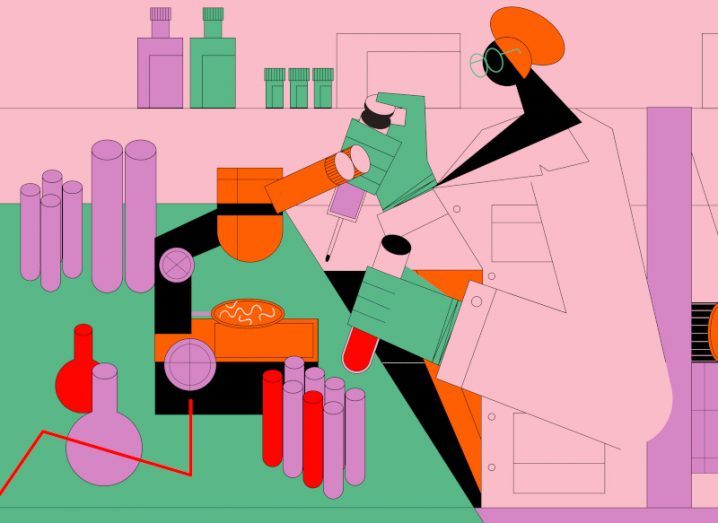 A woman scientist in a lab analysing samples. The illustration has sharp angles and bright colours and represents empowerment and diversity.