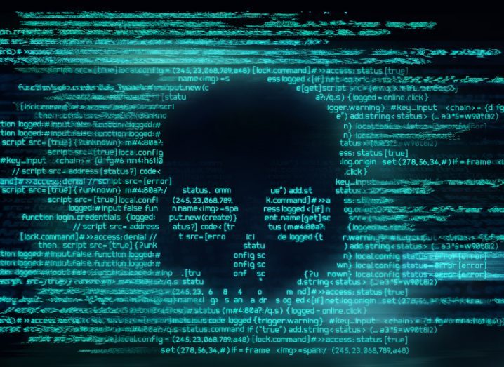 Illustration of a skull visible in the middle of lines of code. Used for the concept of ransomware.