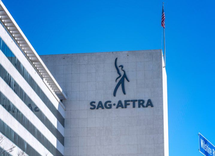The SAG-AFTRA logo on the front of a building.