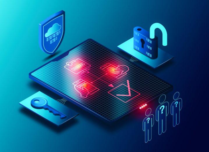 Illustration of a digital tablet surrounded by a lock, a key and a cloud in a shield, with human figures on one side of the tablet. Used for the concept of cybersecurity.