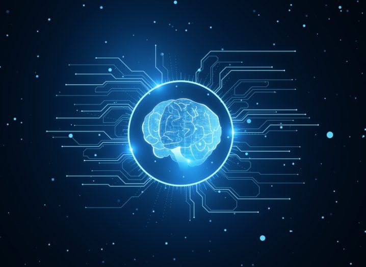 Illustration of a digital brain surrounded by a blue circle and lights. Used as a concept for AI and AI safety testing.