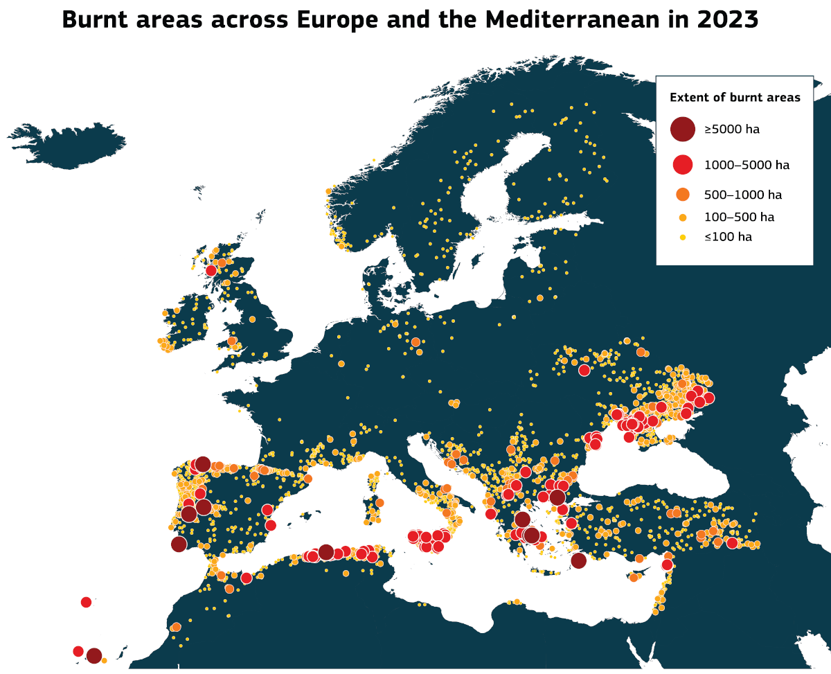 A map of forest fires highlighted on a map of Europe.