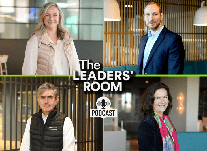A collation of the four leaders interviewed so far with the Leaders' room podcast with the name of the podcast and a microphone symbol.