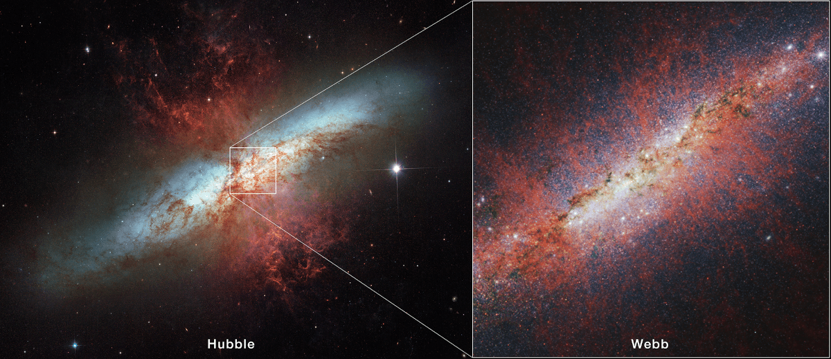 Two images of the M82 galaxy. 