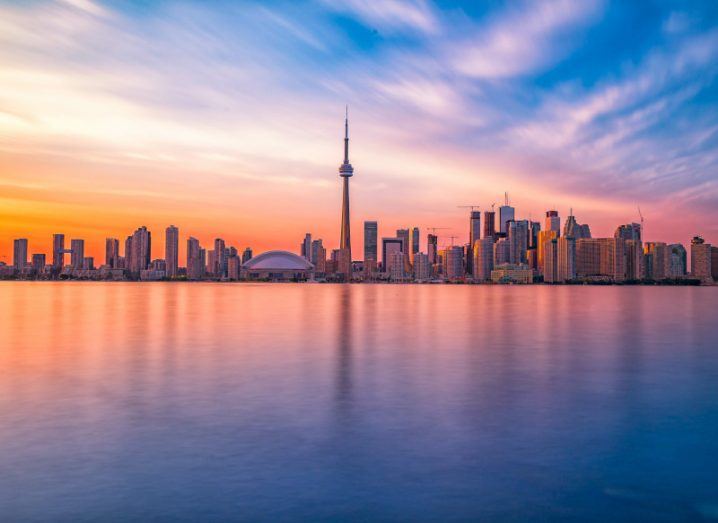 Skyline of Toronto, Canada, during sunset.