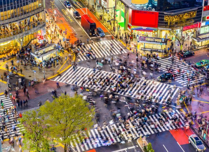 Aerial view of a busy crossing in Tokyo, Japan.