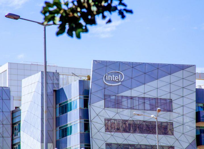 Intel logo on a building.