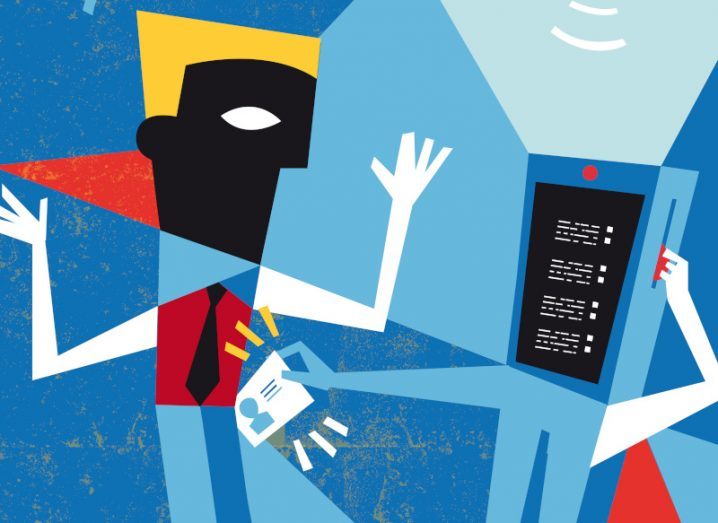 An artful concept of a person with their hands up getting their personal card stolen by a machine to symbolise their data being stolen.
