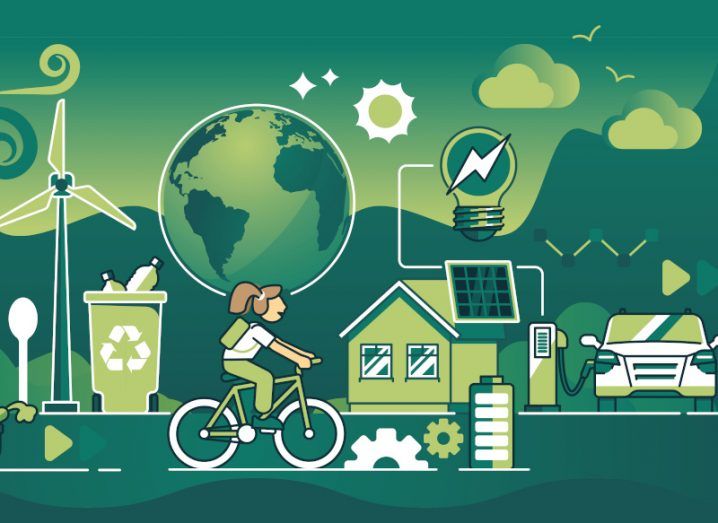 A cartoon image of a collection of items representing energy research, including a wind turbine, an electric car and a person on a bike.