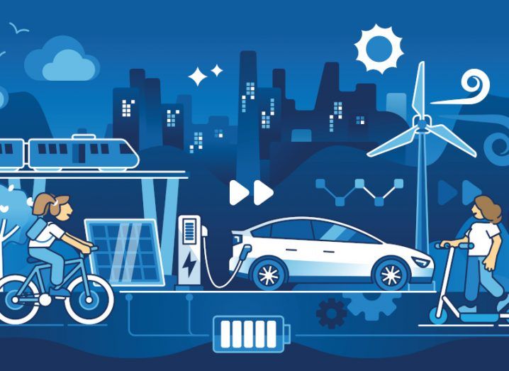 An illustration of several methods of transport, a battery, a wind turbine and a solar panel, showing mobility and reducing emissions.
