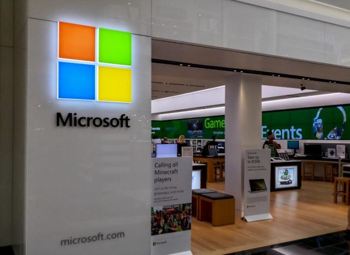 A Microsoft logo in front of a store.