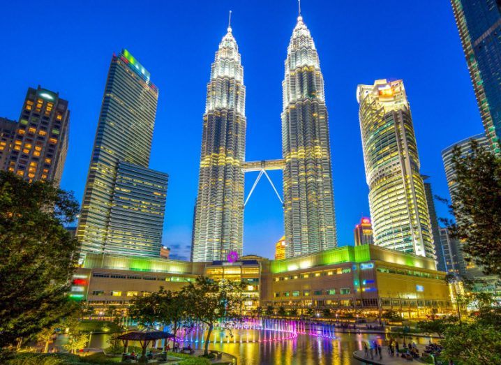 The skyline of Kuala Lumpur, the capital of Malaysia, at night.