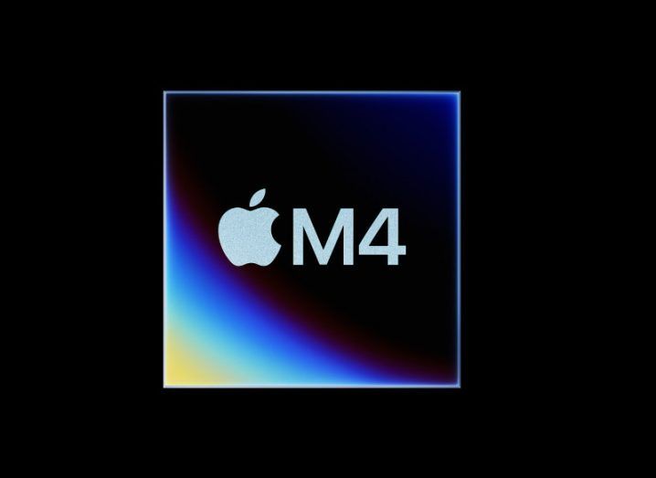 The Apple M4 chip logo on a multi-coloured square in a dark background.